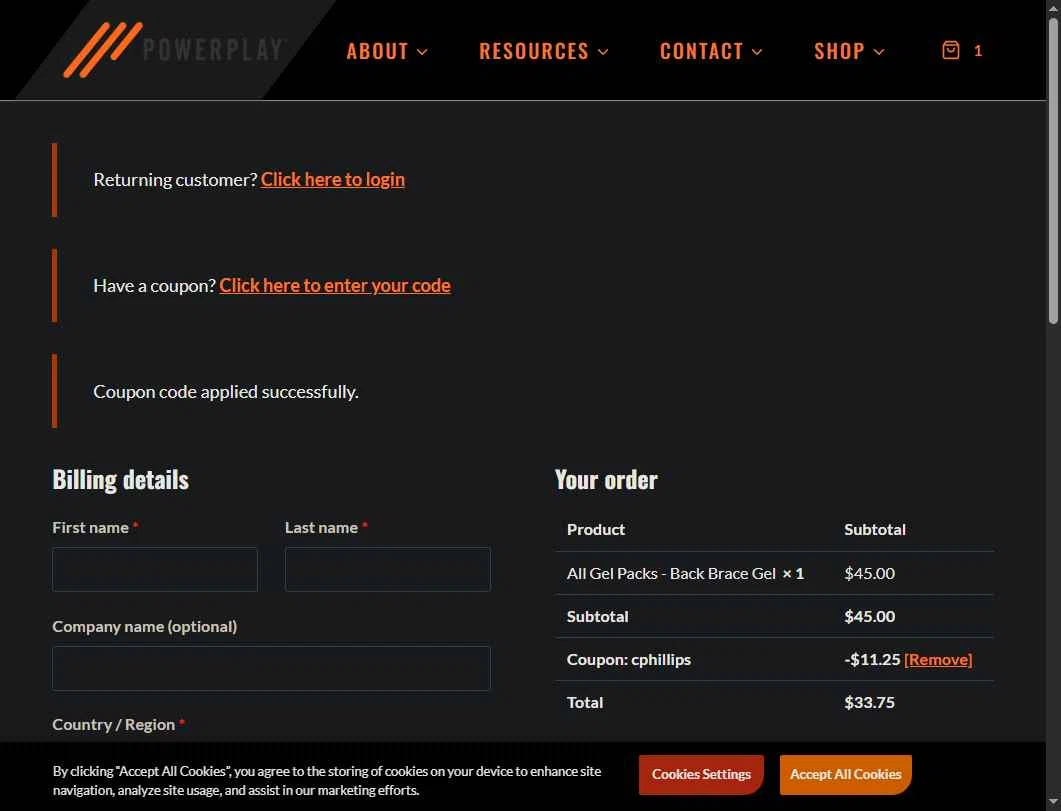 PowerPlay checkout page showing PowerPlay promo code box | Screenshot taken by SimplyCodes community member on May 3, 2025