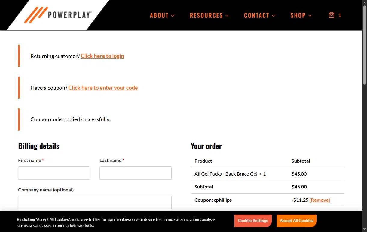 PowerPlay checkout page showing PowerPlay promo code box | Screenshot taken by SimplyCodes community member on Jul 31, 2025