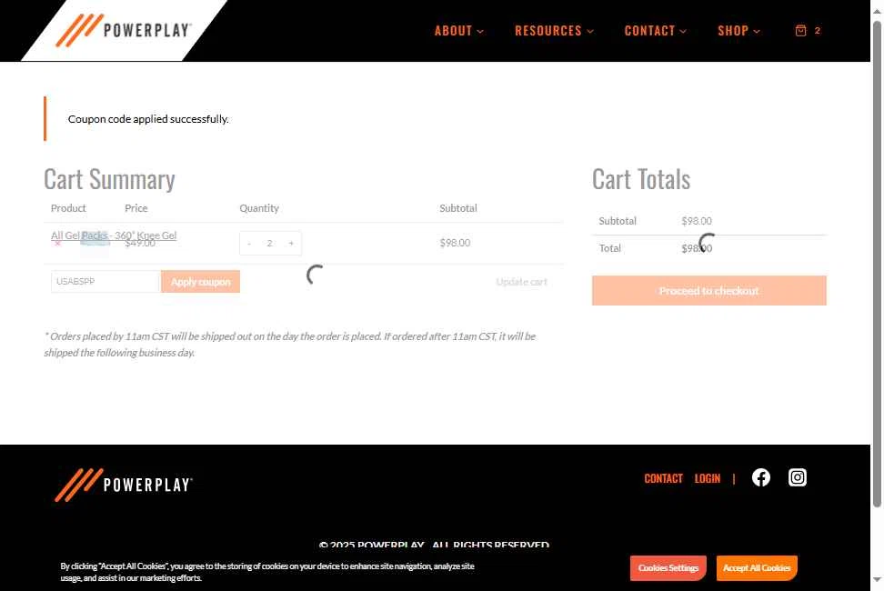 PowerPlay checkout page showing PowerPlay promo code box | Screenshot taken by SimplyCodes community member on Jul 19, 2025