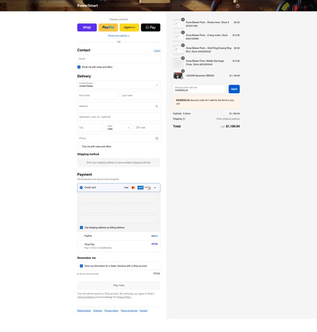 Power Smart USA checkout page showing Power Smart USA promo code box | Screenshot taken by SimplyCodes community member on Aug 28, 2025