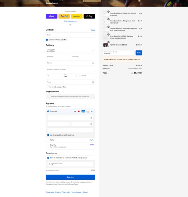 Power Smart USA checkout page showing Power Smart USA promo code box | Screenshot taken by SimplyCodes community member on Sep 2, 2025