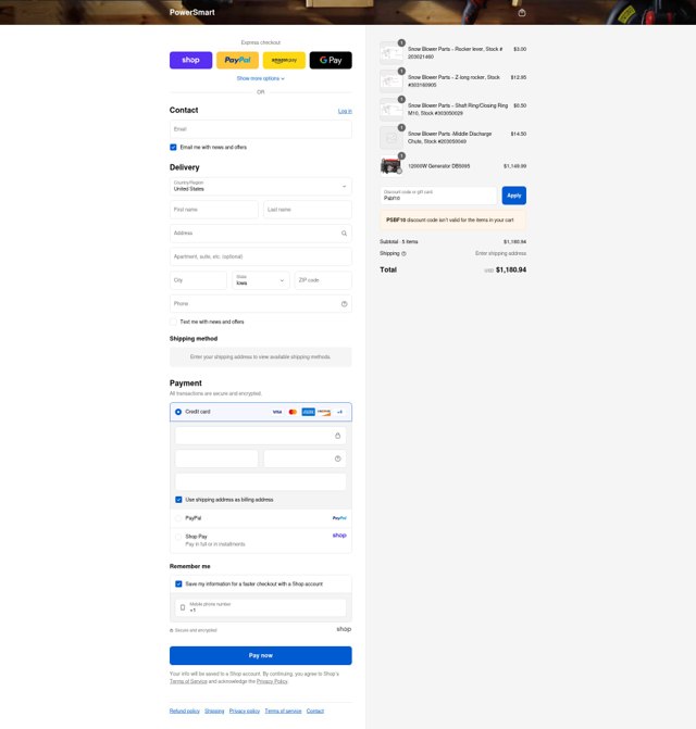Power Smart USA checkout page showing Power Smart USA promo code box | Screenshot taken by SimplyCodes community member on Aug 28, 2025