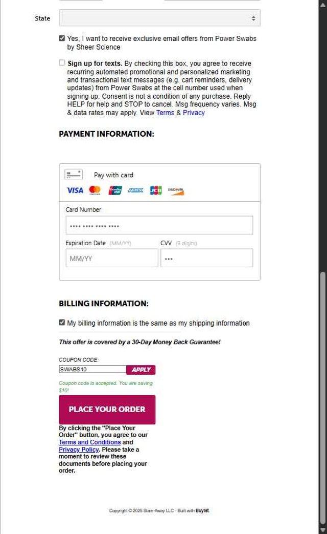 Power Swabs checkout page showing Power Swabs coupon code box | Screenshot taken by SimplyCodes community member on Jul 16, 2025