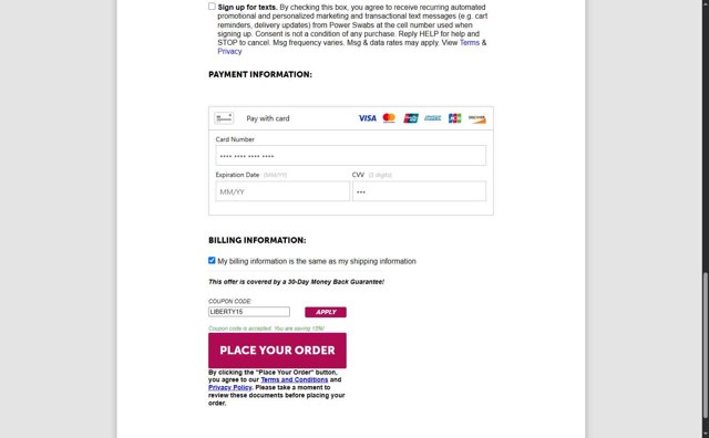 Power Swabs checkout page showing Power Swabs coupon code box | Screenshot taken by SimplyCodes community member on Jul 1, 2025