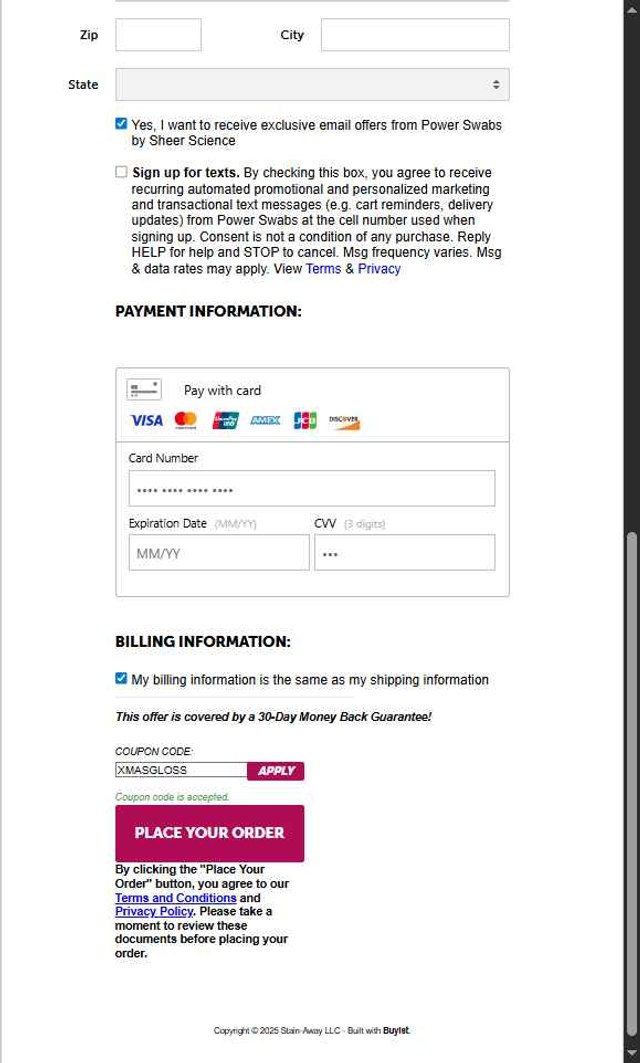 Power Swabs checkout page showing Power Swabs coupon code box | Screenshot taken by SimplyCodes community member on Jul 22, 2025
