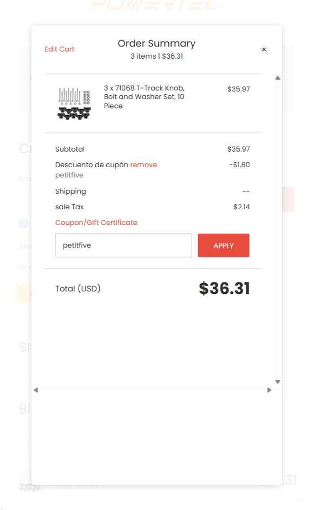 Powertec checkout page showing Powertec discount code box | Screenshot taken by SimplyCodes community member on Apr 19, 2025