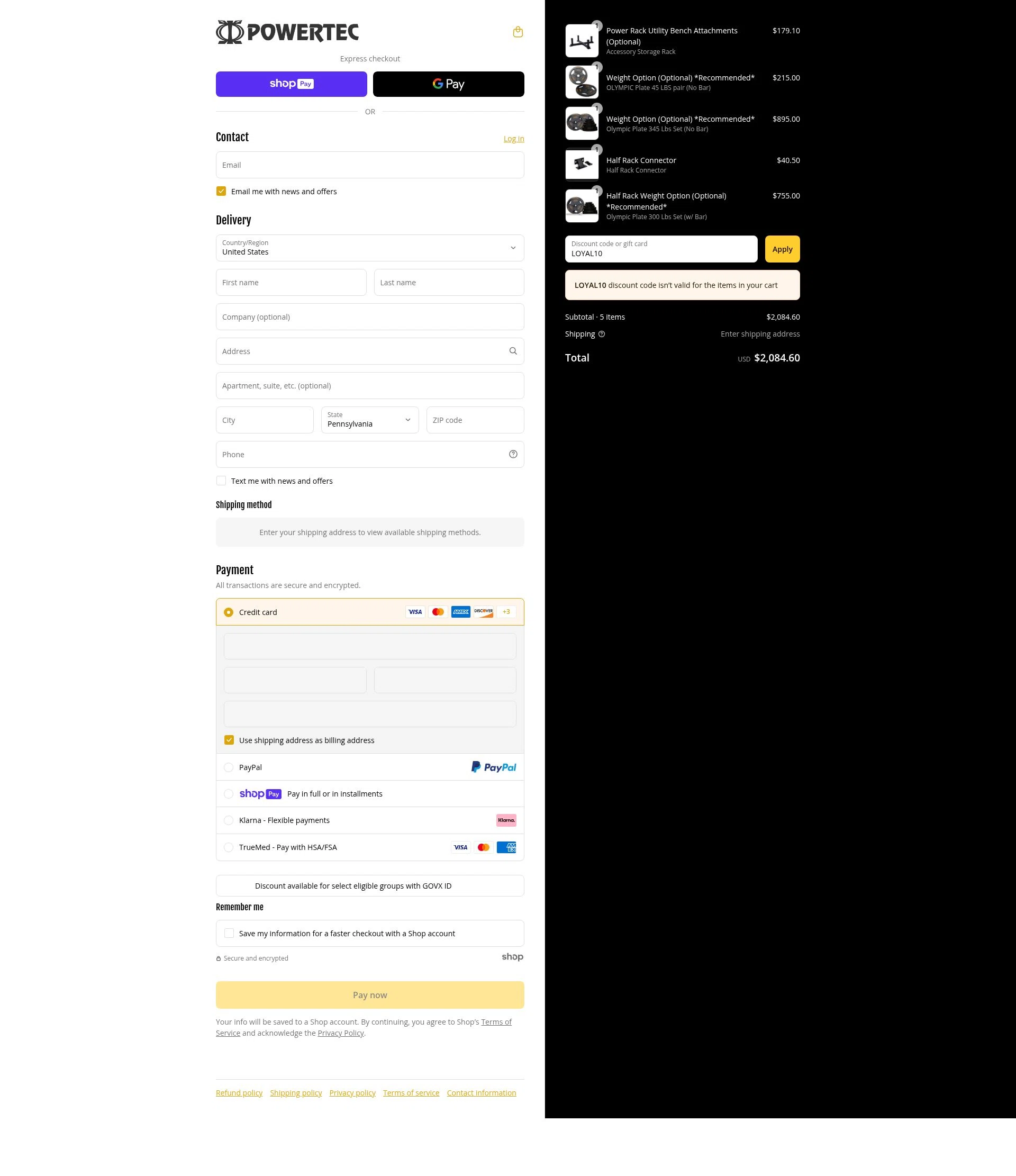 Powertec Fitness checkout page showing Powertec Fitness discount code box | Screenshot taken by SimplyCodes community member on Jun 17, 2025