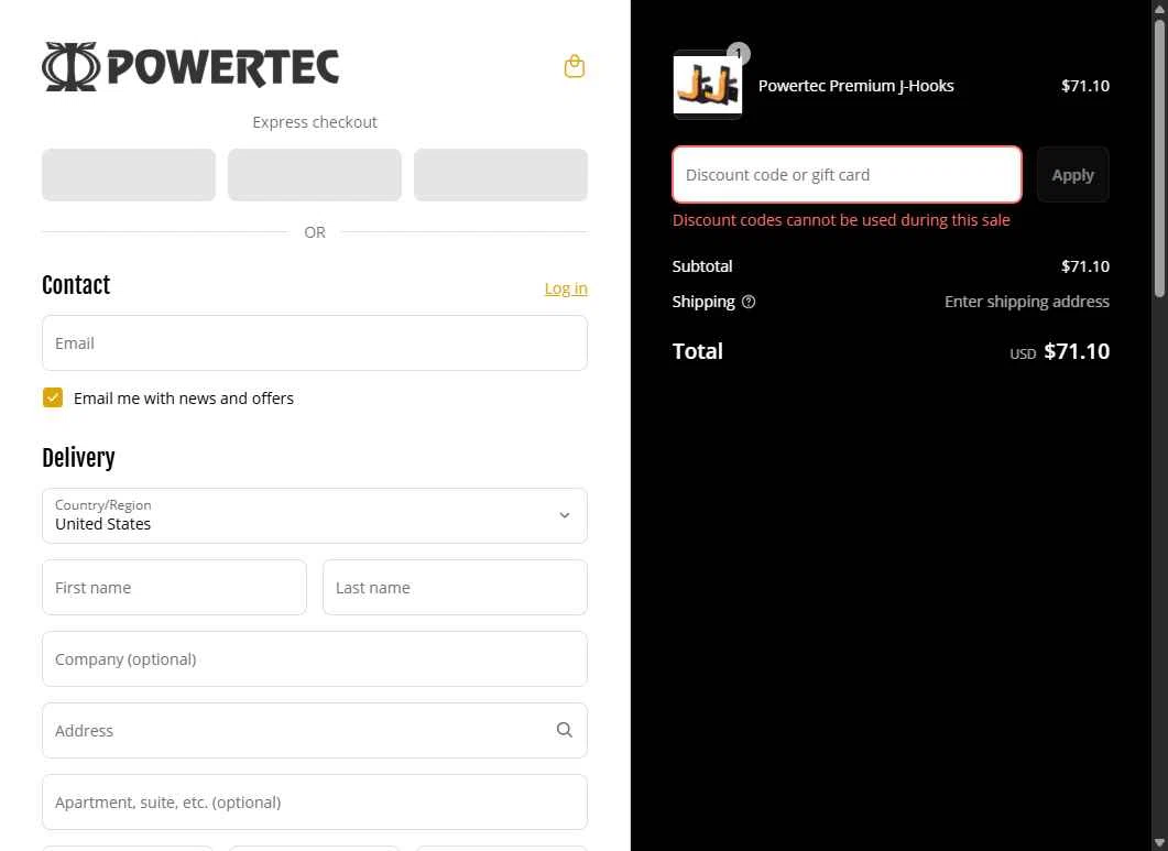Powertec Fitness checkout page showing Powertec Fitness discount code box | Screenshot taken by SimplyCodes community member on Jul 2, 2025