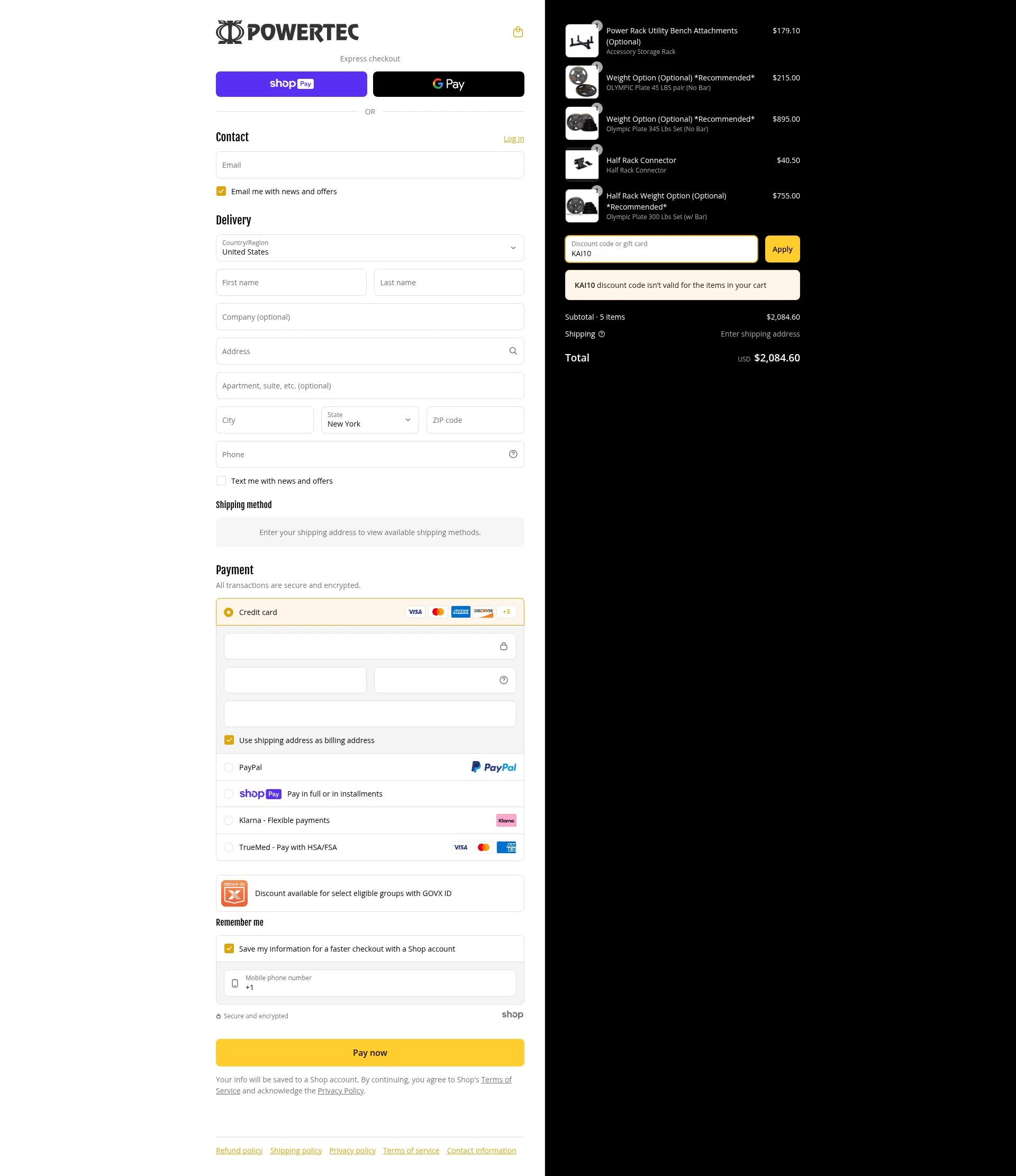 Powertec Fitness checkout page showing Powertec Fitness discount code box | Screenshot taken by SimplyCodes community member on Jun 21, 2025