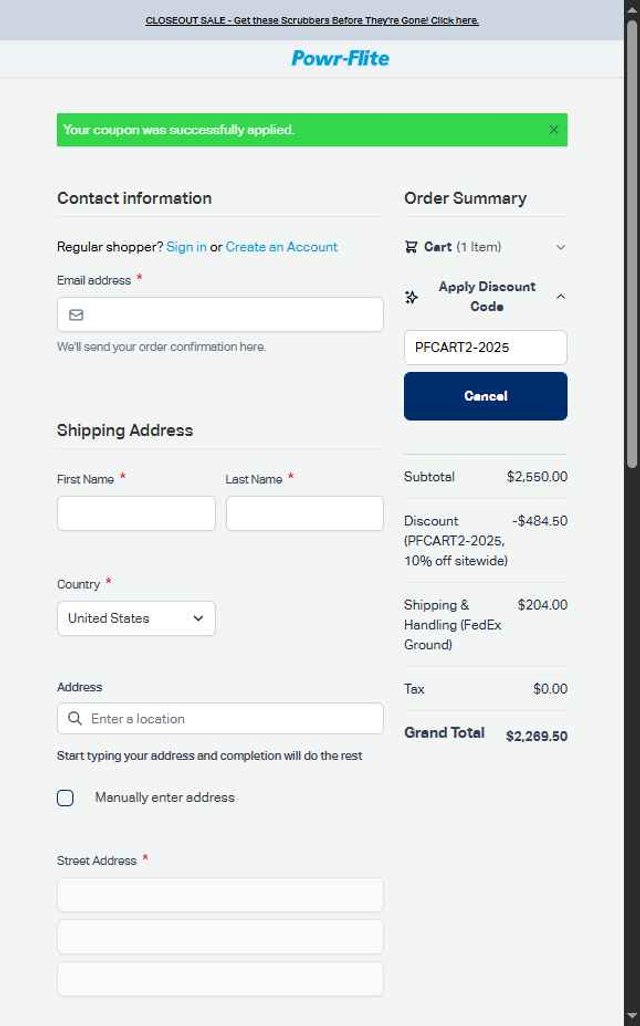 Powr Flite checkout page showing Powr Flite discount code box | Screenshot taken by SimplyCodes community member on Sep 4, 2025