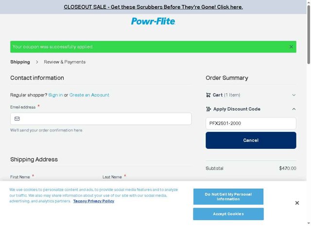 Powr Flite checkout page showing Powr Flite discount code box | Screenshot taken by SimplyCodes community member on Aug 24, 2025
