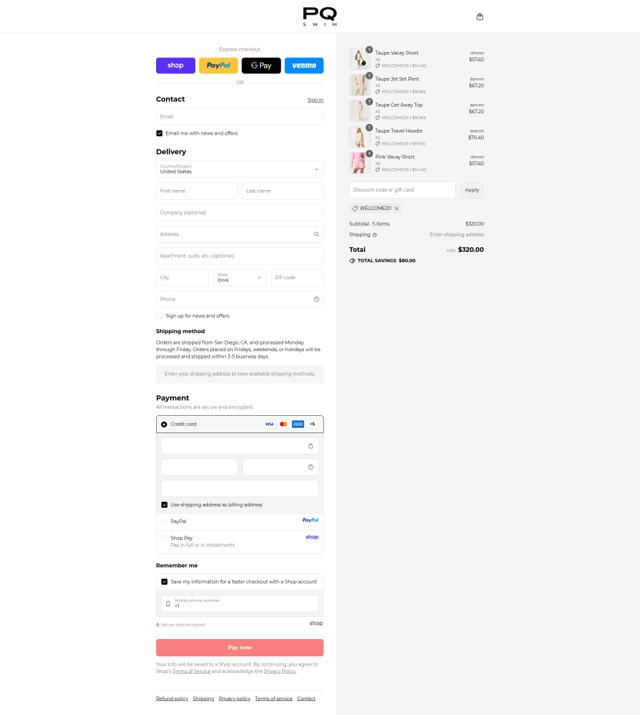 PQ Swim checkout page showing PQ Swim discount code box | Screenshot taken by SimplyCodes community member on Sep 12, 2025