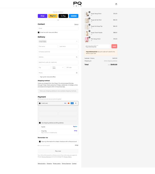 PQ Swim checkout page showing PQ Swim discount code box | Screenshot taken by SimplyCodes community member on Sep 12, 2025