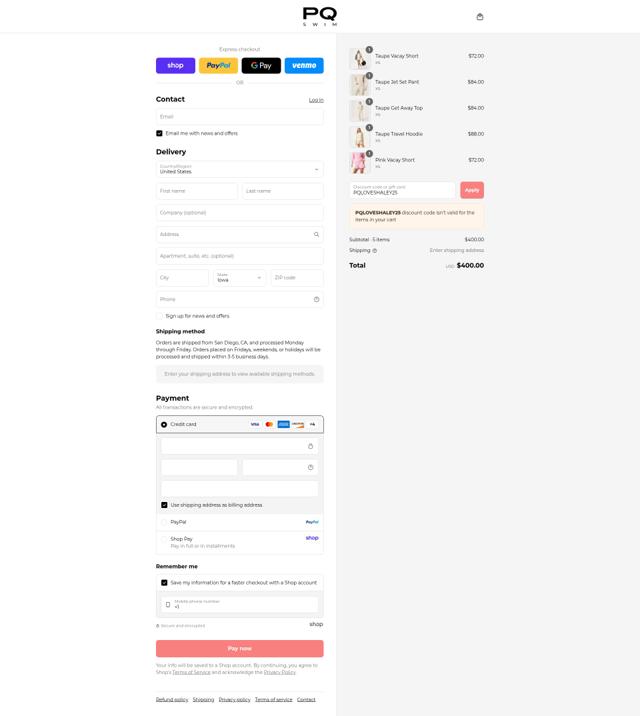 PQ Swim checkout page showing PQ Swim discount code box | Screenshot taken by SimplyCodes community member on Sep 8, 2025