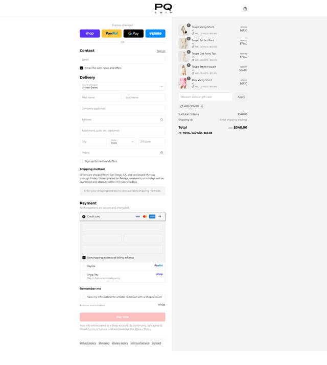 PQ Swim checkout page showing PQ Swim discount code box | Screenshot taken by SimplyCodes community member on Sep 12, 2025