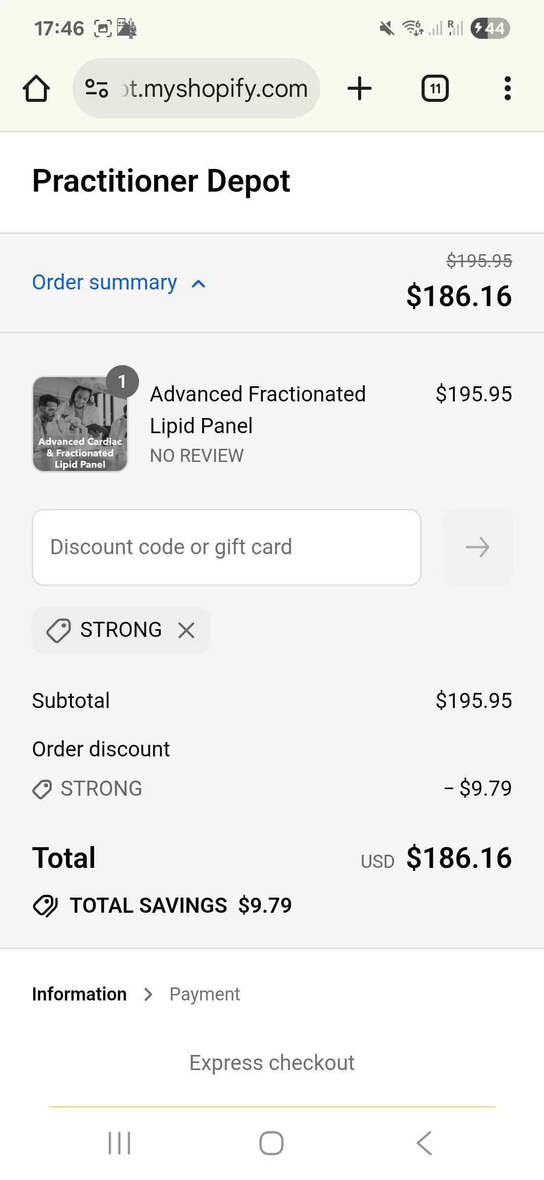 Practitioner Depot promo code screenshot showing code STRONG applied at Practitioner Depot checkout page. Uploaded by SimplyCodes community member ScanAce9340 on Sep 4, 2025