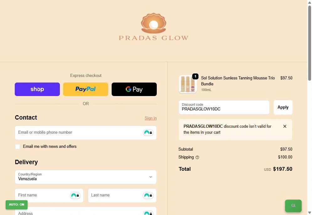 Pradas Glow checkout page showing Pradas Glow coupon code box | Screenshot taken by SimplyCodes community member on Oct 24, 2025