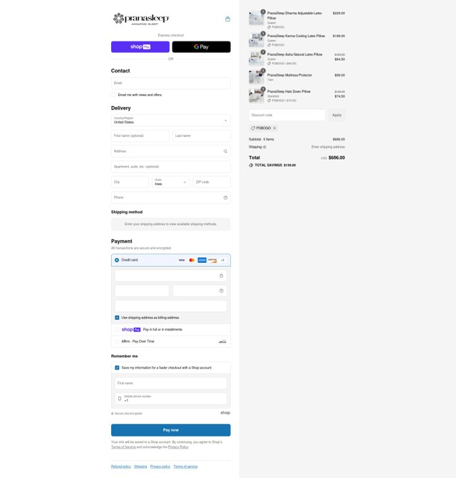 PranaSleep checkout page showing PranaSleep promo code box | Screenshot taken by SimplyCodes community member on Aug 12, 2025
