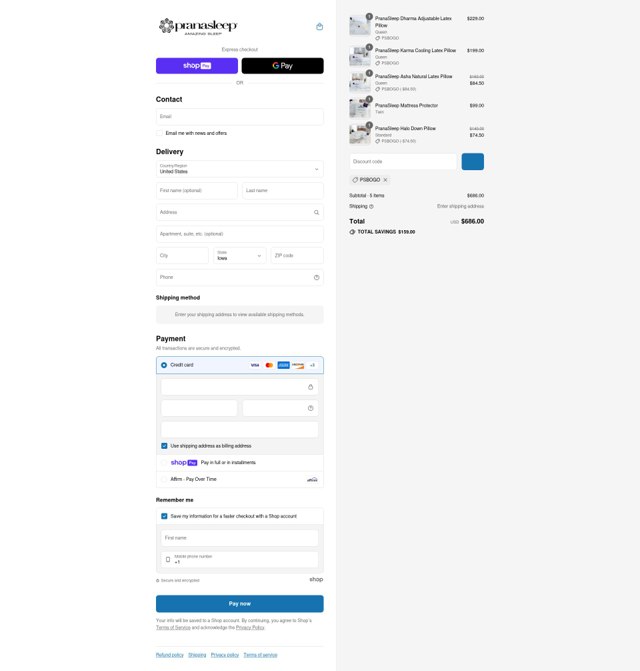 PranaSleep checkout page showing PranaSleep promo code box | Screenshot taken by SimplyCodes community member on Aug 8, 2025