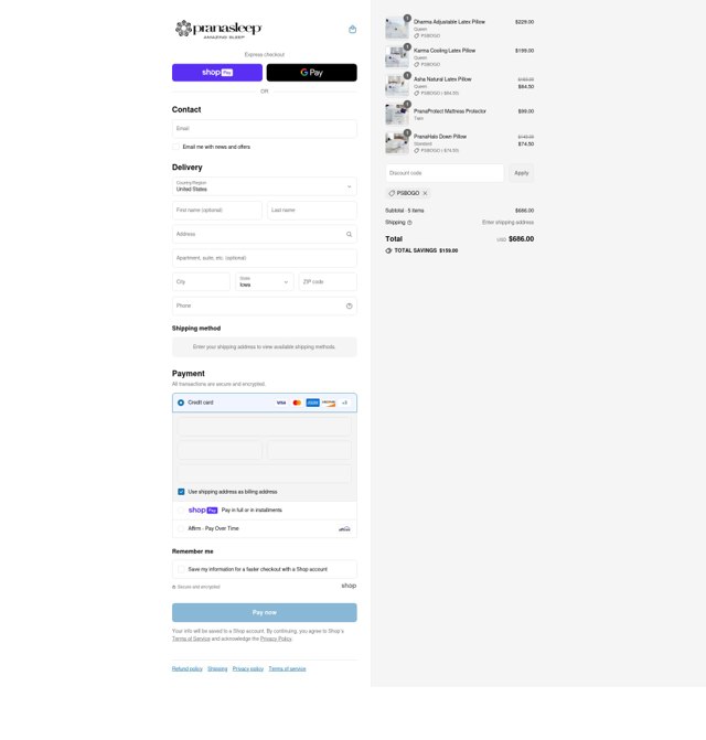 PranaSleep checkout page showing PranaSleep promo code box | Screenshot taken by SimplyCodes community member on Jul 31, 2025