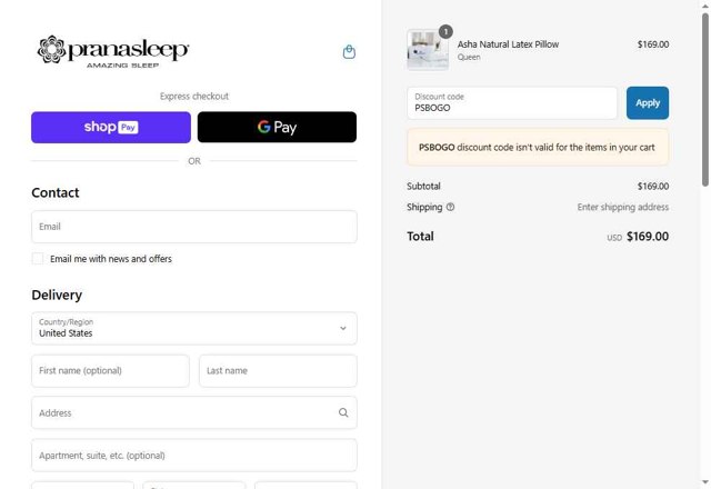 PranaSleep checkout page showing PranaSleep promo code box | Screenshot taken by SimplyCodes community member on Jul 31, 2025