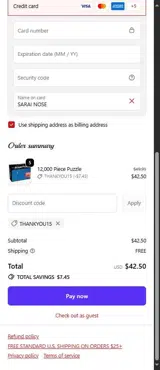 THANKYOU15 coupon verification screenshot