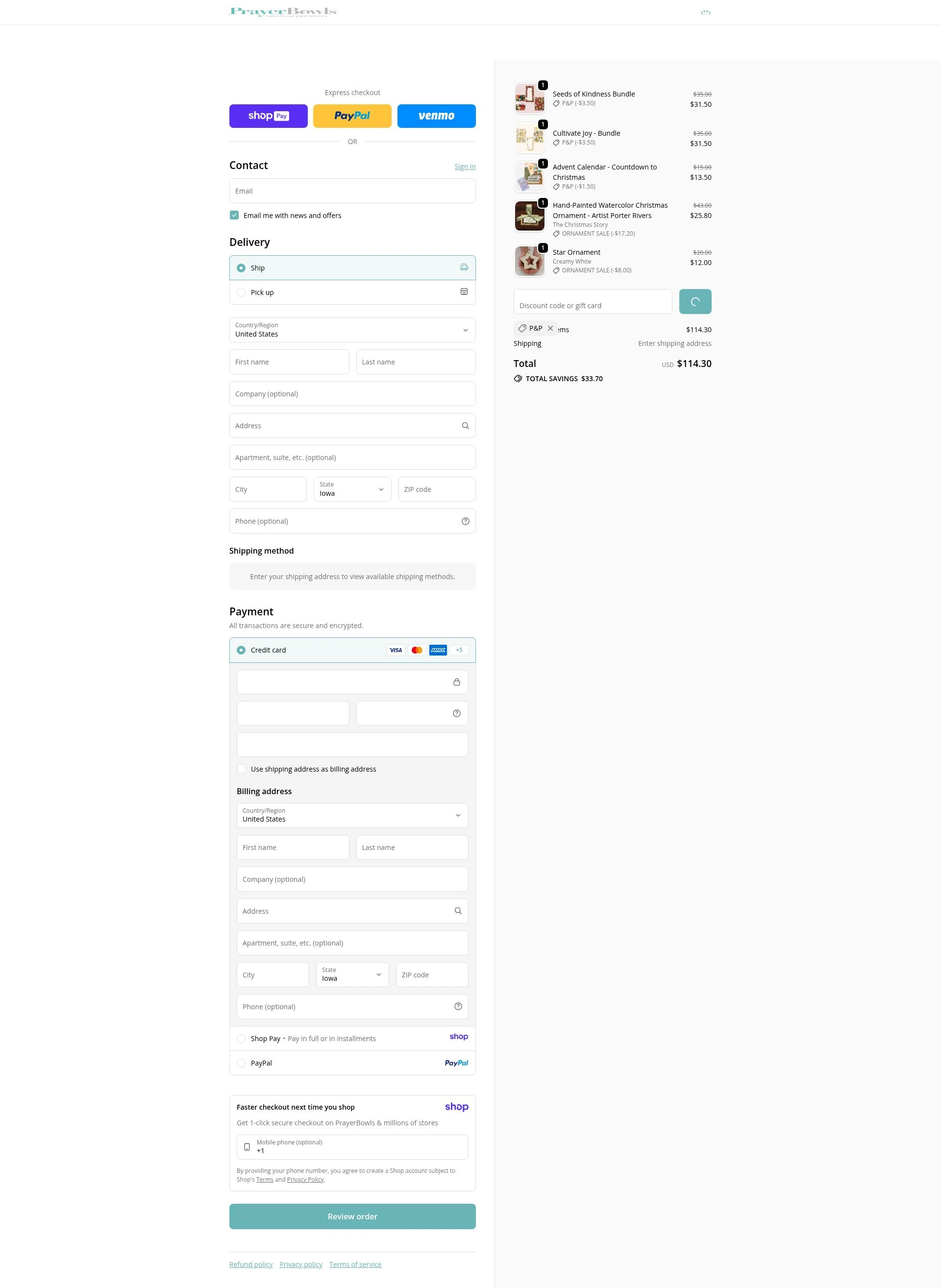 PrayerBowls checkout page showing PrayerBowls promo code box | Screenshot taken by SimplyCodes community member on Jan 10, 2026