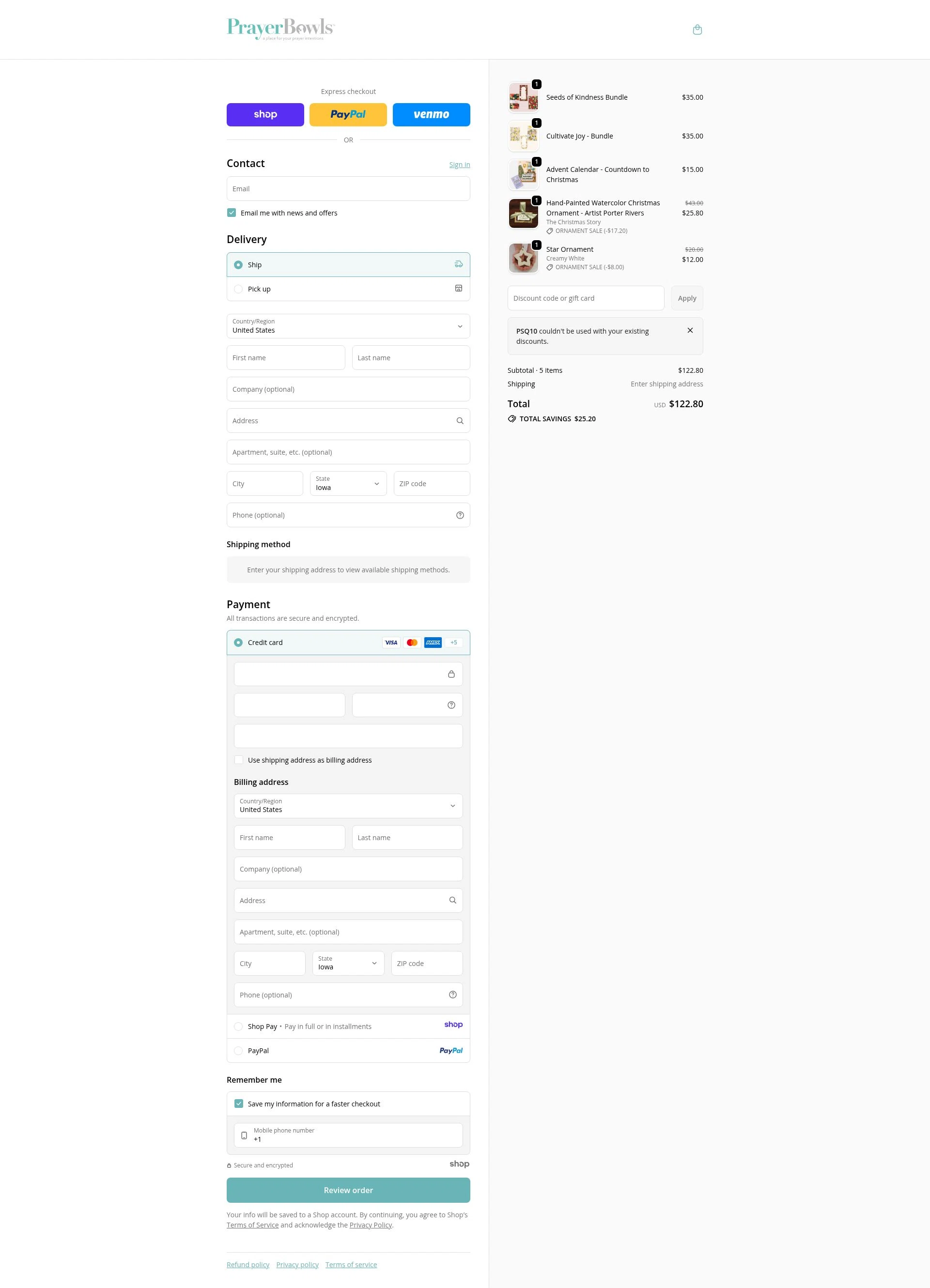 PrayerBowls checkout page showing PrayerBowls promo code box | Screenshot taken by SimplyCodes community member on Jan 5, 2026
