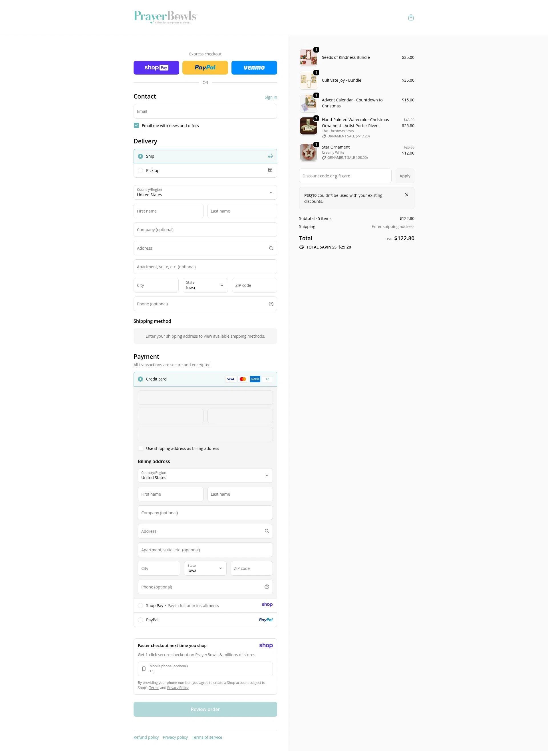 PrayerBowls checkout page showing PrayerBowls promo code box | Screenshot taken by SimplyCodes community member on Jan 10, 2026