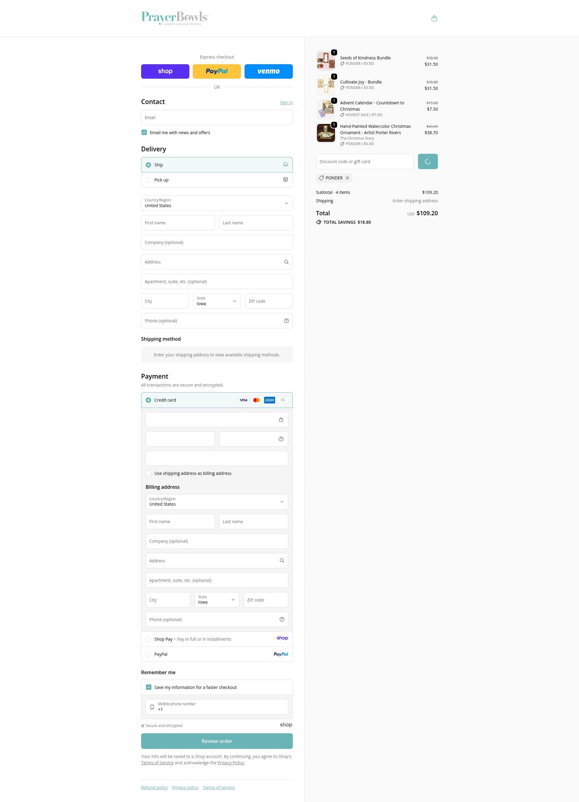 PrayerBowls checkout page showing PrayerBowls promo code box | Screenshot taken by SimplyCodes community member on Dec 31, 2025