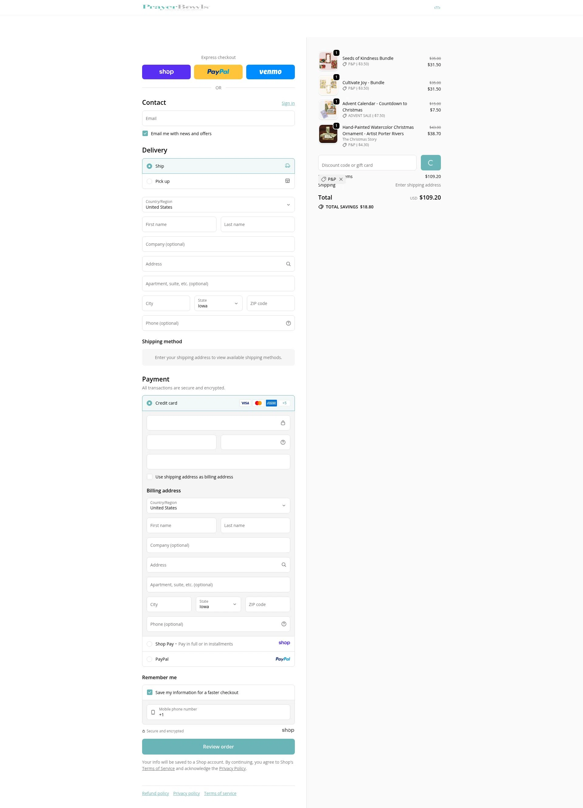 PrayerBowls checkout page showing PrayerBowls promo code box | Screenshot taken by SimplyCodes community member on Dec 31, 2025
