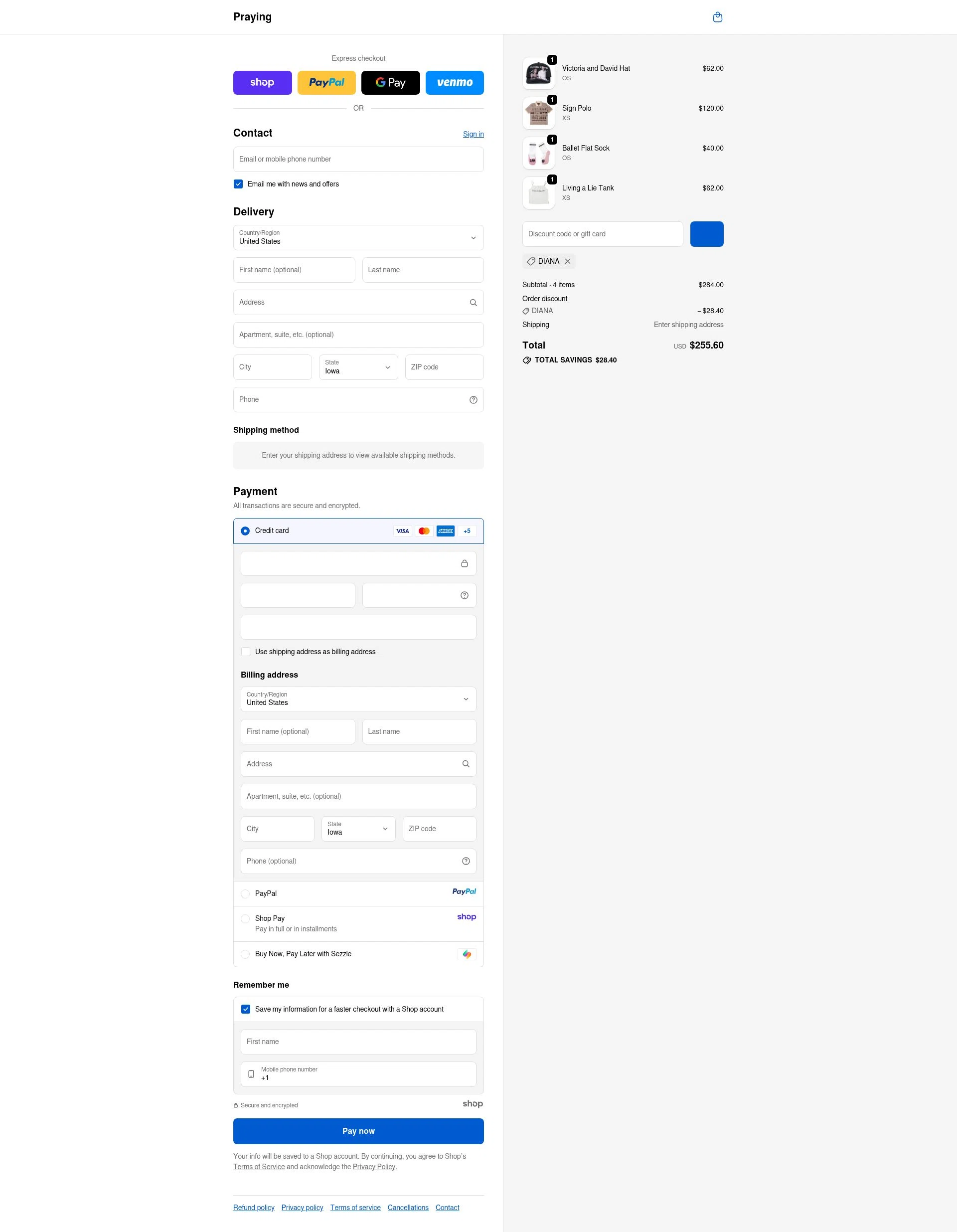 Prayingg checkout page showing Prayingg discount code box | Screenshot taken by SimplyCodes community member on Oct 24, 2025