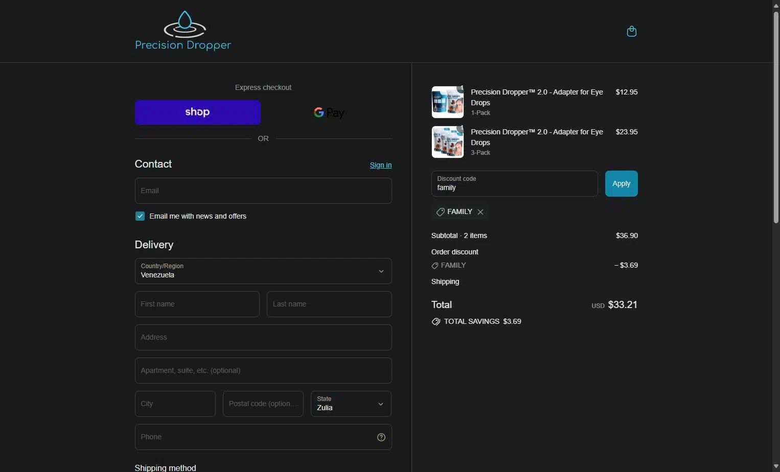 Precision Dropper checkout page showing Precision Dropper promo code box | Screenshot taken by SimplyCodes community member on Sep 14, 2025
