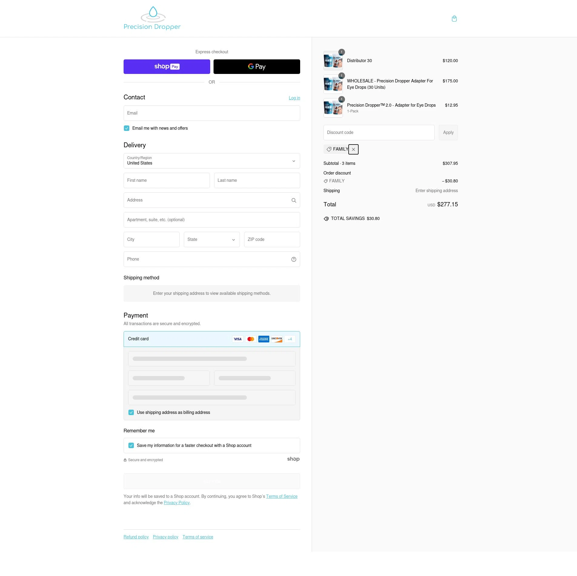 Precision Dropper checkout page showing Precision Dropper promo code box | Screenshot taken by SimplyCodes community member on Feb 26, 2025