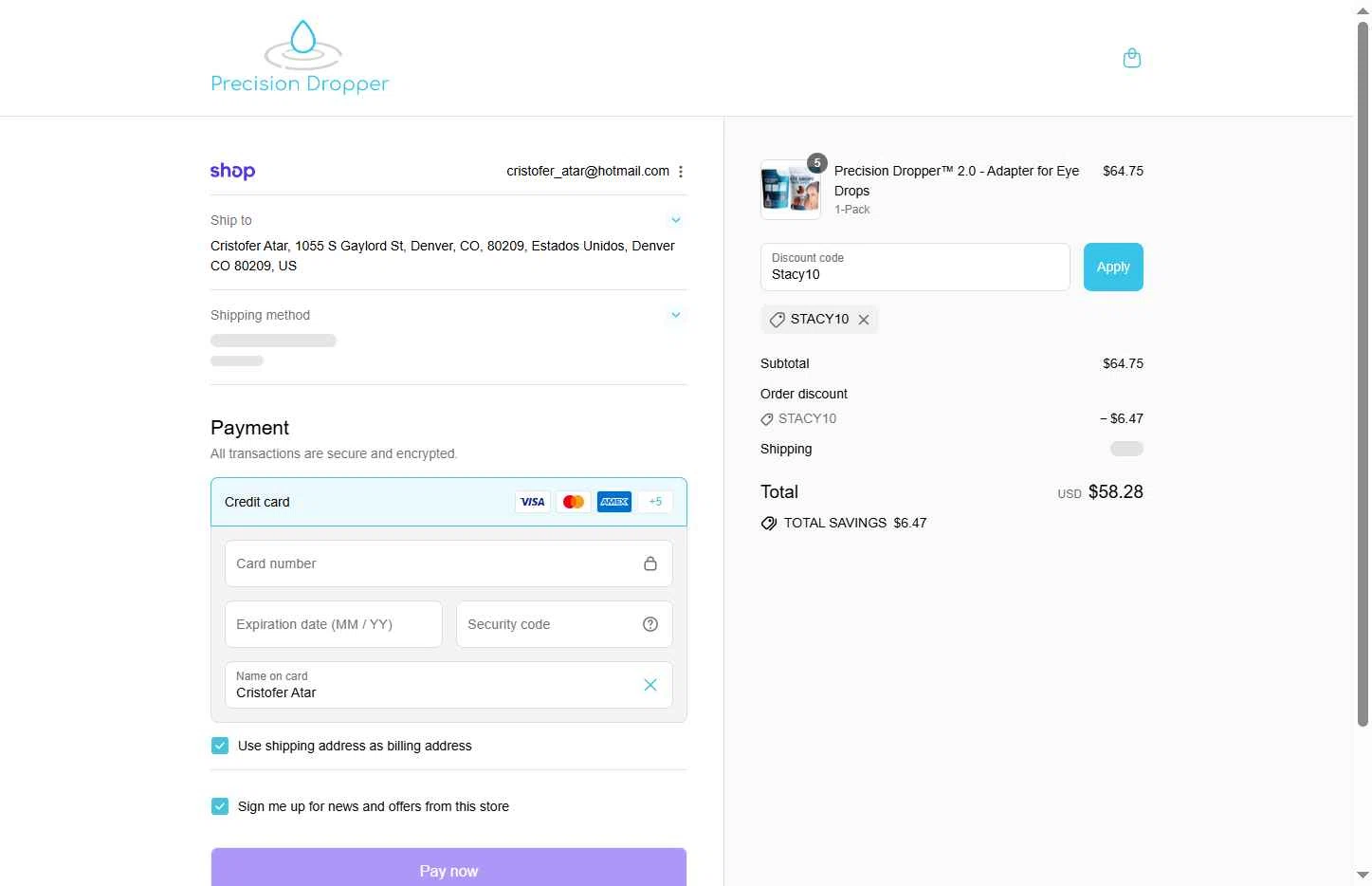 Precision Dropper checkout page showing Precision Dropper promo code box | Screenshot taken by SimplyCodes community member on Sep 14, 2025