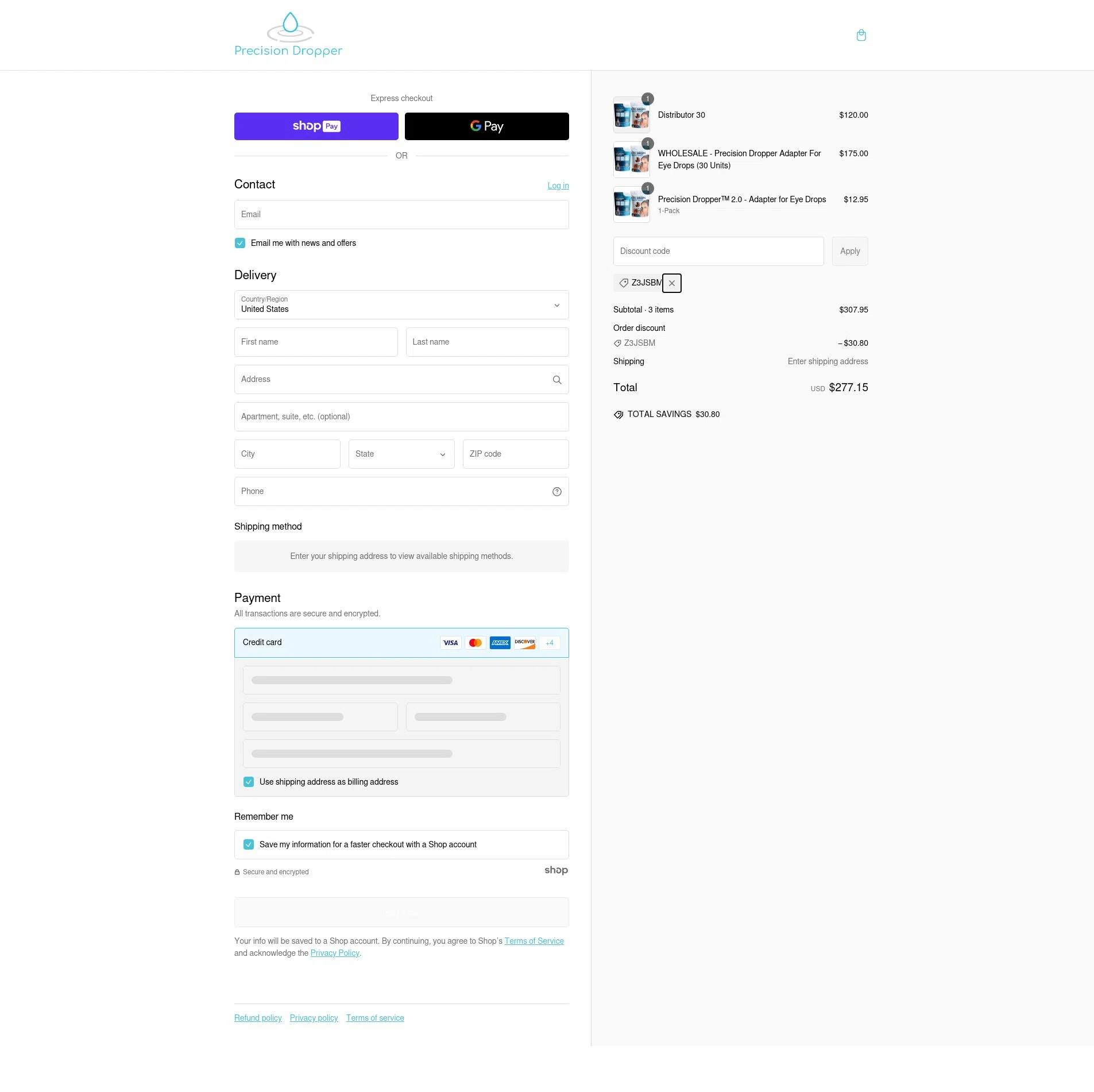 Precision Dropper checkout page showing Precision Dropper promo code box | Screenshot taken by SimplyCodes community member on Feb 26, 2025