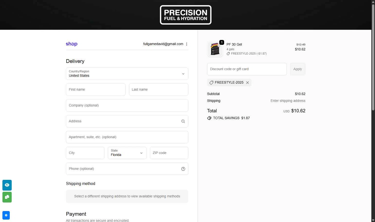 Precision Fuel & Hydration checkout page showing Precision Fuel & Hydration discount code box | Screenshot taken by SimplyCodes community member on Jan 21, 2026