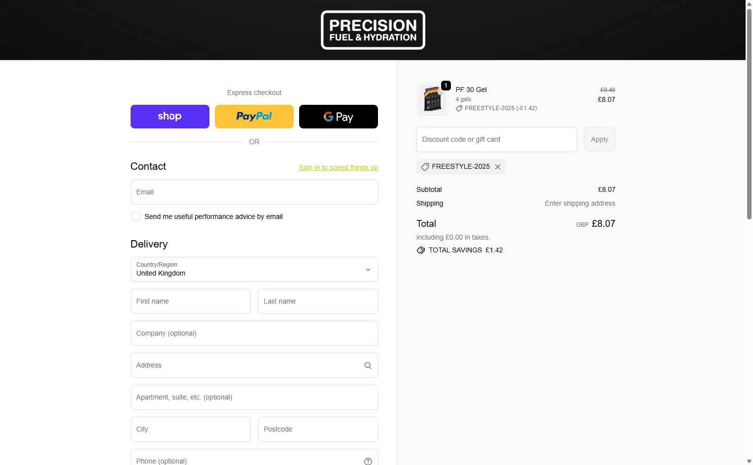 Precision Fuel & Hydration checkout page showing Precision Fuel & Hydration discount code box | Screenshot taken by SimplyCodes community member on Dec 23, 2025