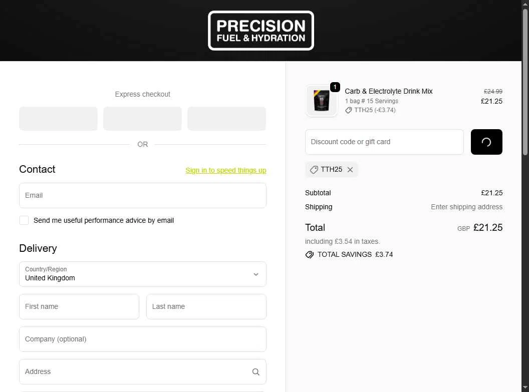 Precision Fuel & Hydration checkout page showing Precision Fuel & Hydration discount code box | Screenshot taken by SimplyCodes community member on Jan 9, 2026