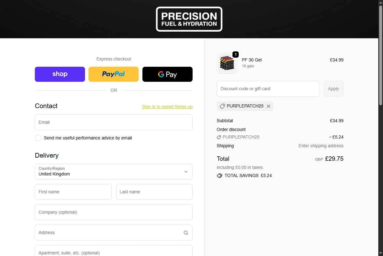 Precision Fuel & Hydration checkout page showing Precision Fuel & Hydration discount code box | Screenshot taken by SimplyCodes community member on Dec 24, 2025