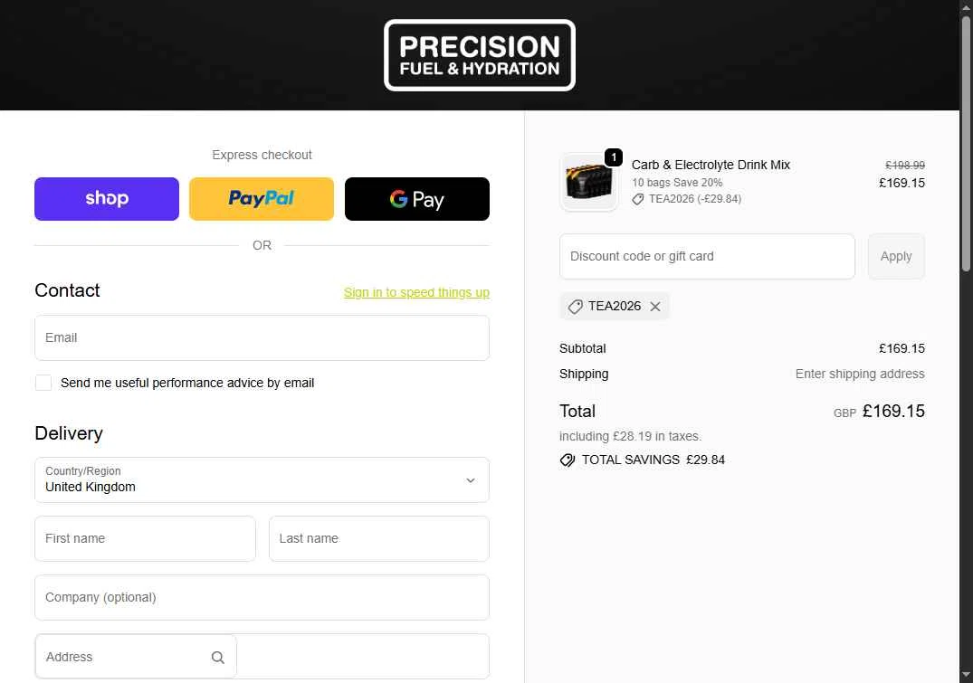 Precision Fuel & Hydration checkout page showing Precision Fuel & Hydration discount code box | Screenshot taken by SimplyCodes community member on Feb 8, 2026
