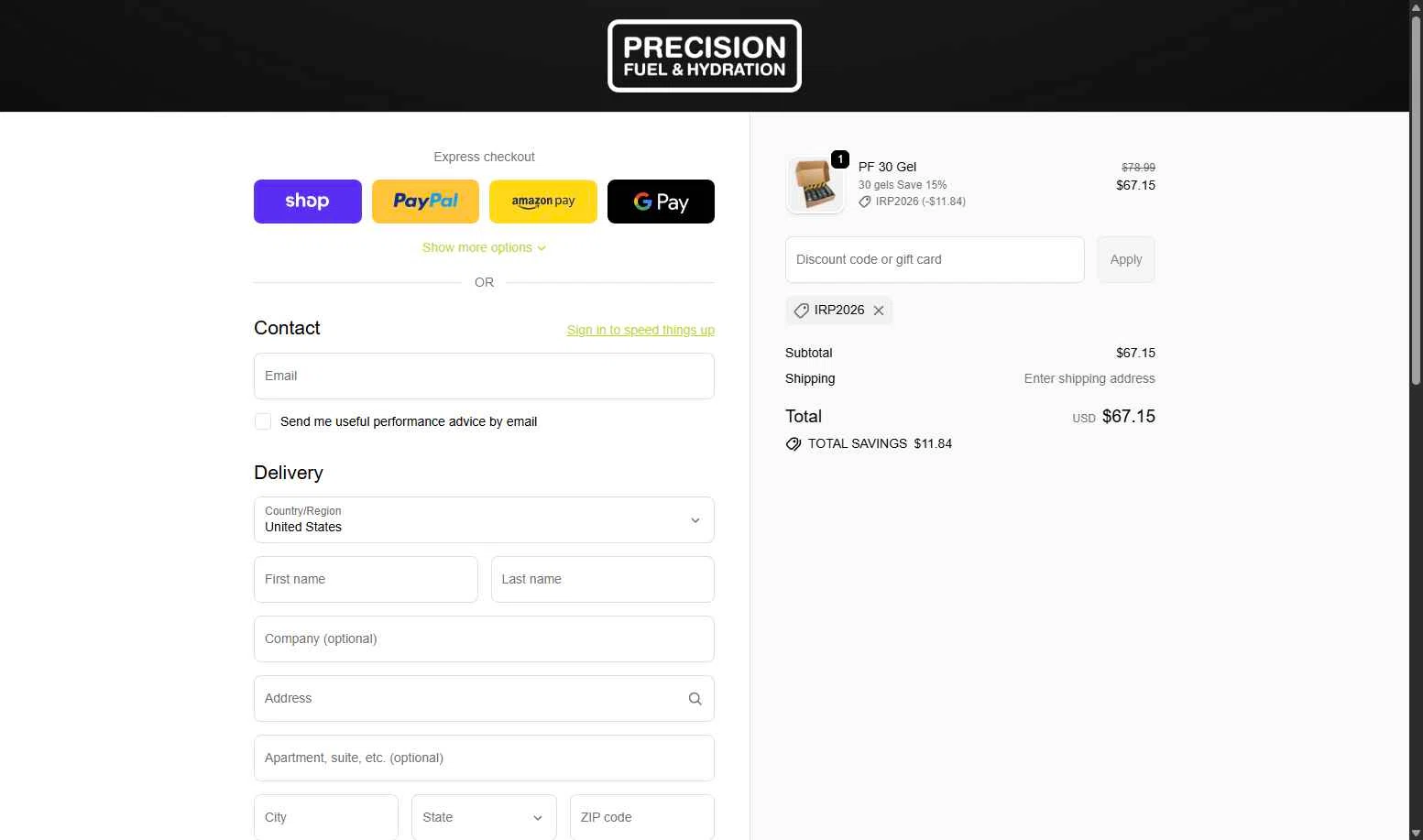 Precision Fuel & Hydration checkout page showing Precision Fuel & Hydration discount code box | Screenshot taken by SimplyCodes community member on Feb 8, 2026