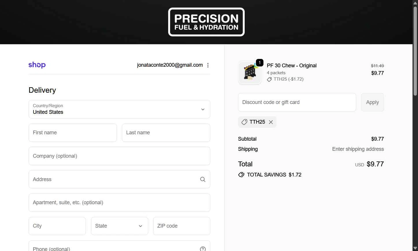 Precision Fuel & Hydration checkout page showing Precision Fuel & Hydration discount code box | Screenshot taken by SimplyCodes community member on Feb 7, 2026