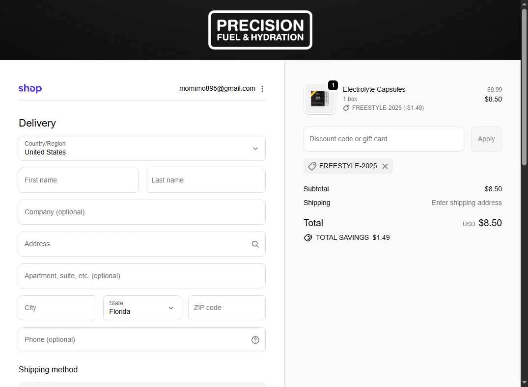 Precision Fuel & Hydration checkout page showing Precision Fuel & Hydration discount code box | Screenshot taken by SimplyCodes community member on Jan 31, 2026