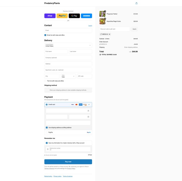Predatory Plants checkout page showing Predatory Plants discount code box | Screenshot taken by SimplyCodes community member on Sep 4, 2025