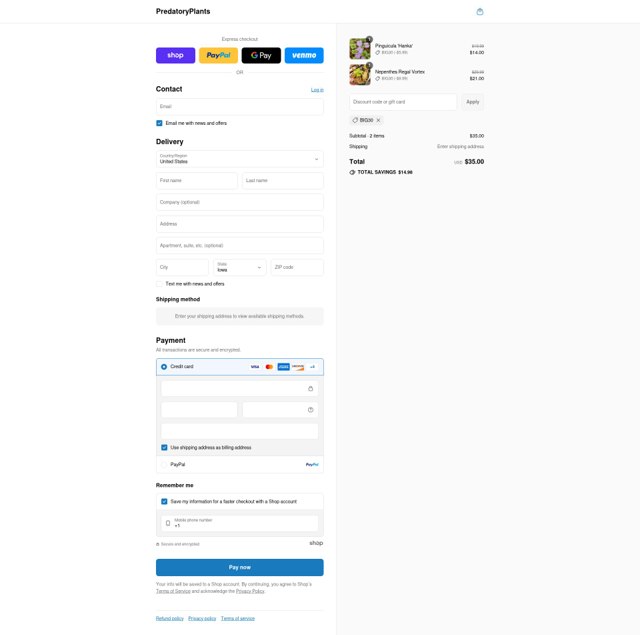 Predatory Plants checkout page showing Predatory Plants discount code box | Screenshot taken by SimplyCodes community member on Sep 4, 2025