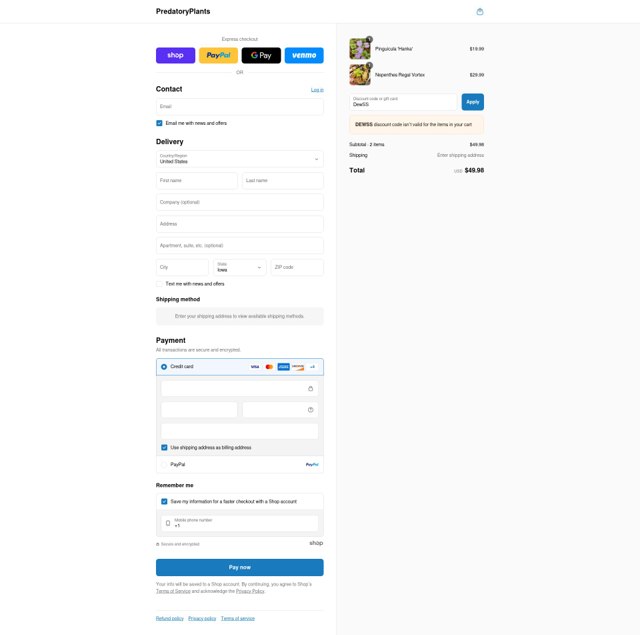 Predatory Plants checkout page showing Predatory Plants discount code box | Screenshot taken by SimplyCodes community member on Sep 4, 2025