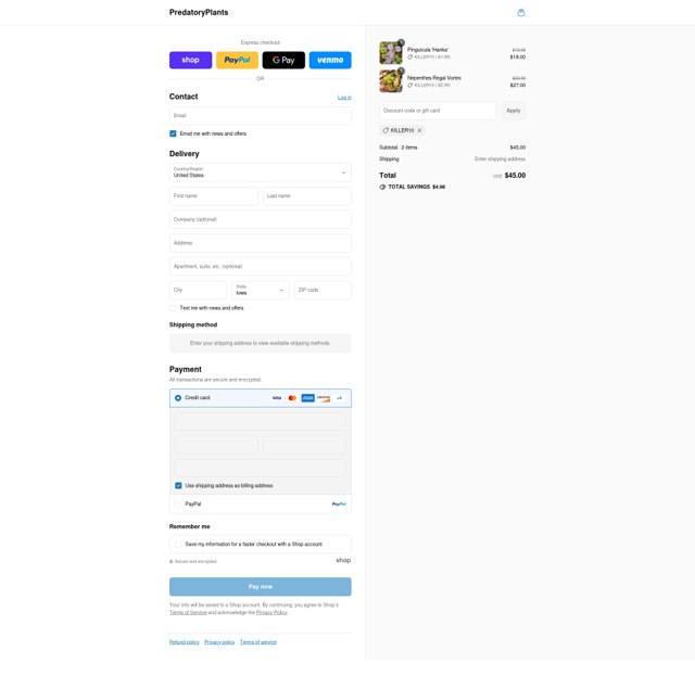 Predatory Plants checkout page showing Predatory Plants discount code box | Screenshot taken by SimplyCodes community member on Sep 4, 2025