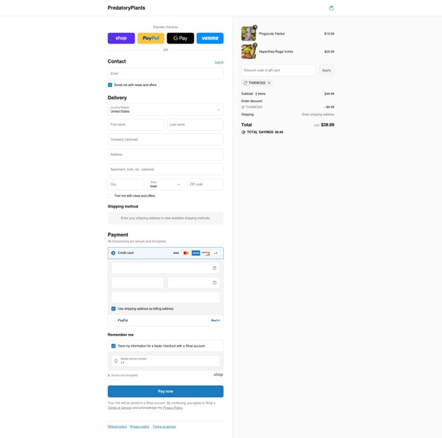 Predatory Plants checkout page showing Predatory Plants discount code box | Screenshot taken by SimplyCodes community member on Sep 4, 2025