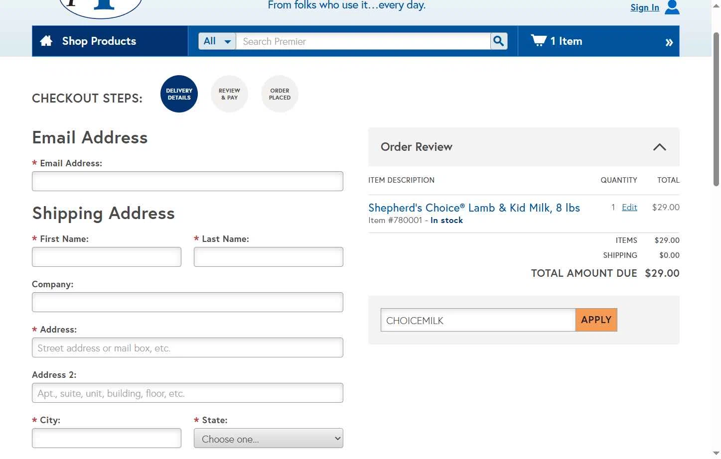 Premier 1 Supplies checkout page showing Premier 1 Supplies promo code box | Screenshot taken by SimplyCodes community member on Nov 13, 2025
